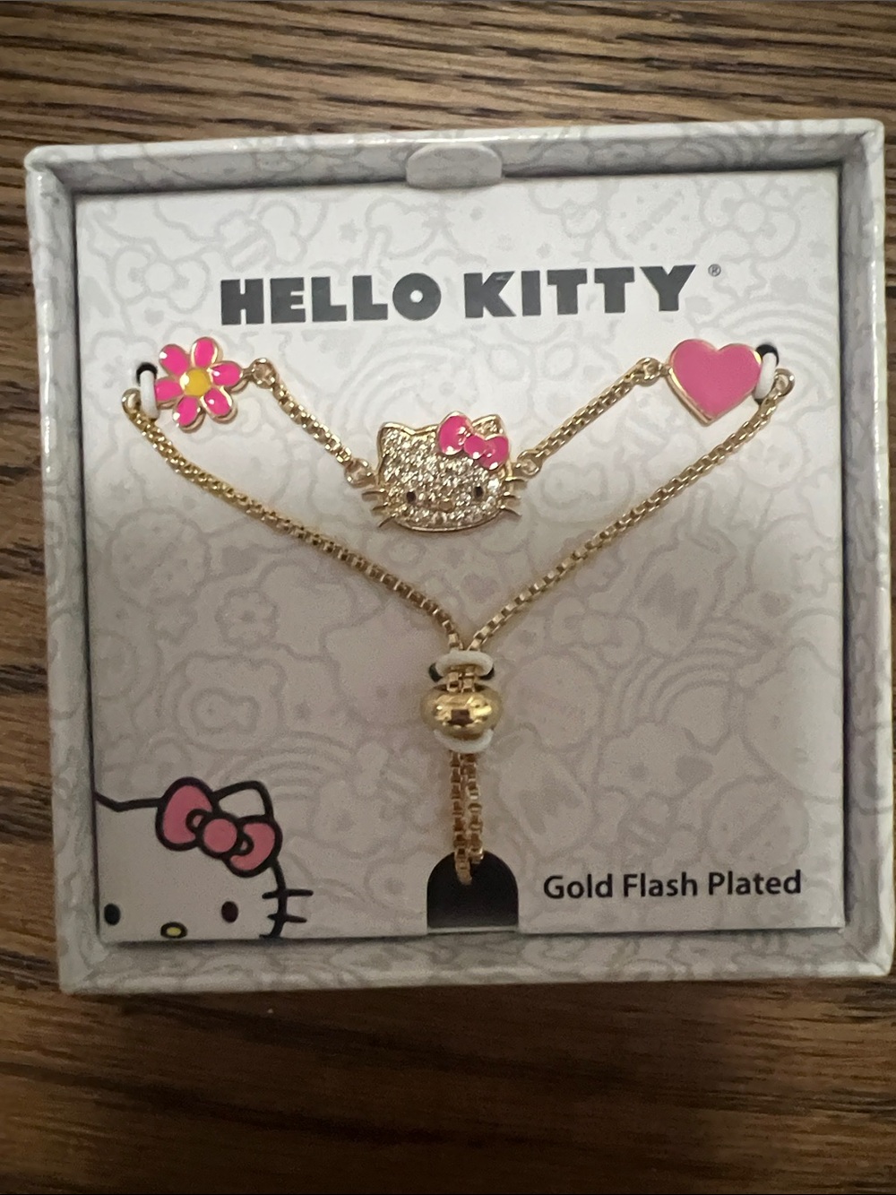 Hello Kitty Gold Tone Necklace with Pink Flower & Heart Charms